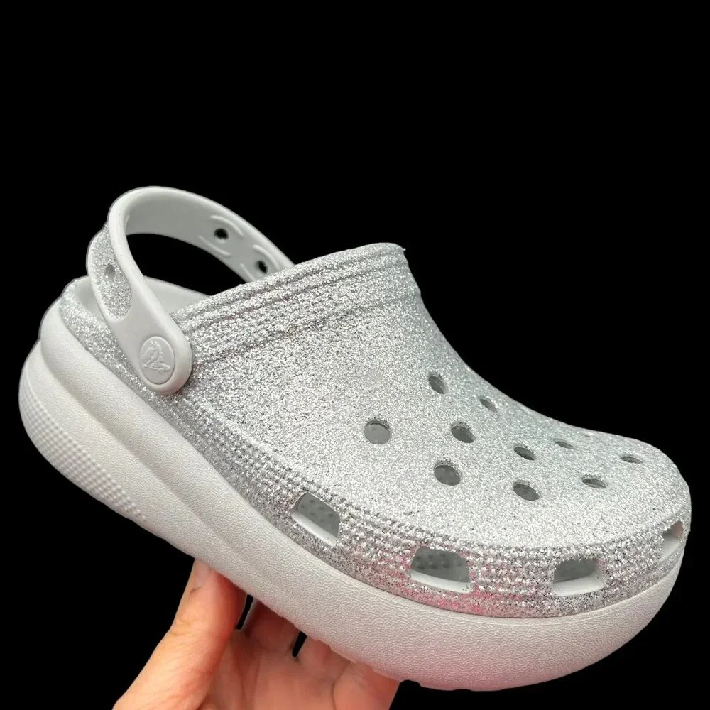 Crocs Youth Girls Platform Glitter Clog Size 2-3‎ Silver Slip-on Comfortable
